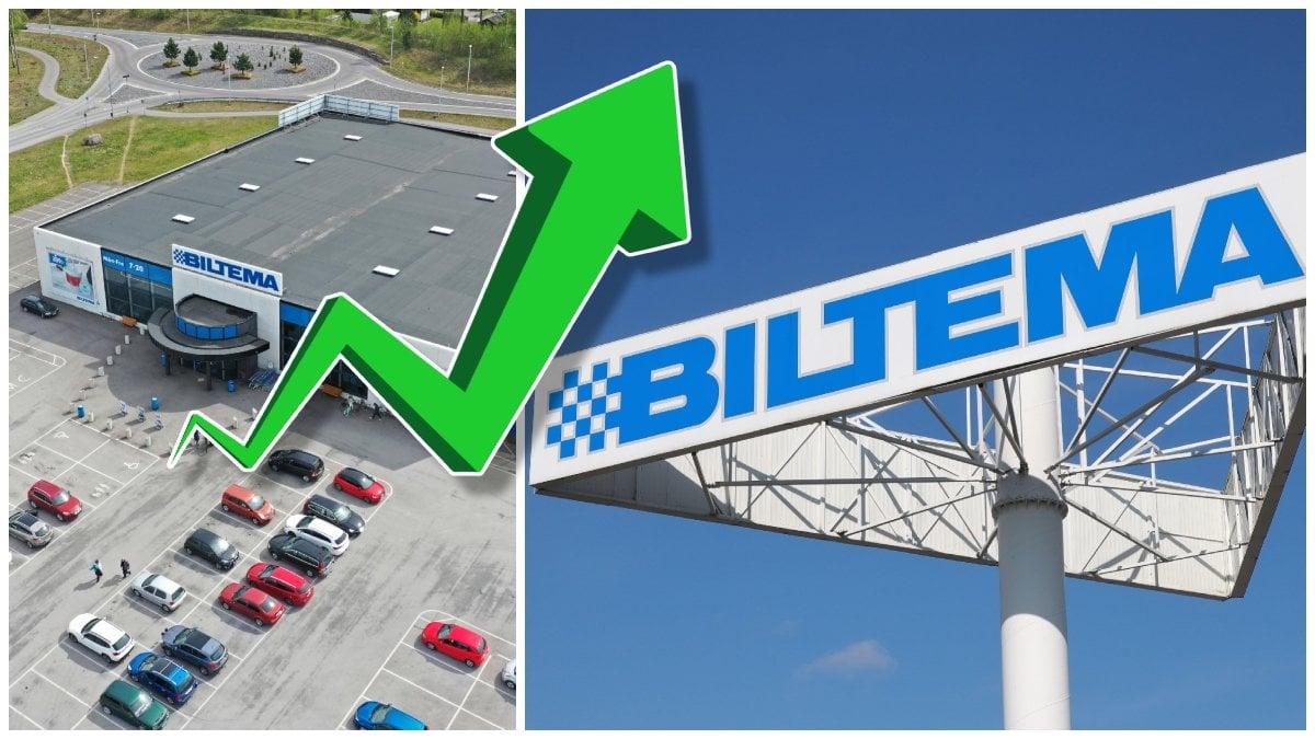 Parkering utanför Biltema och Biltemas skylt