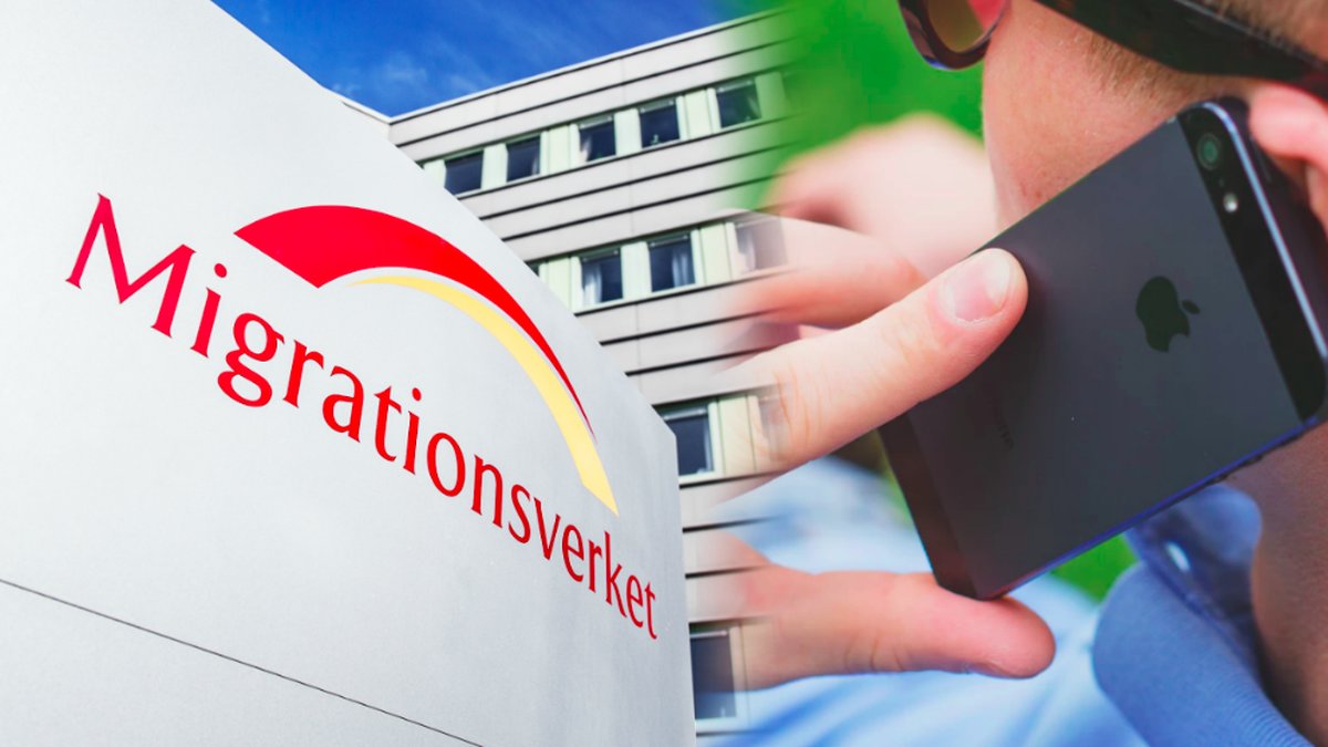 Migrationsverkets logga, till höger en person som pratar i telefon. Kollage. 