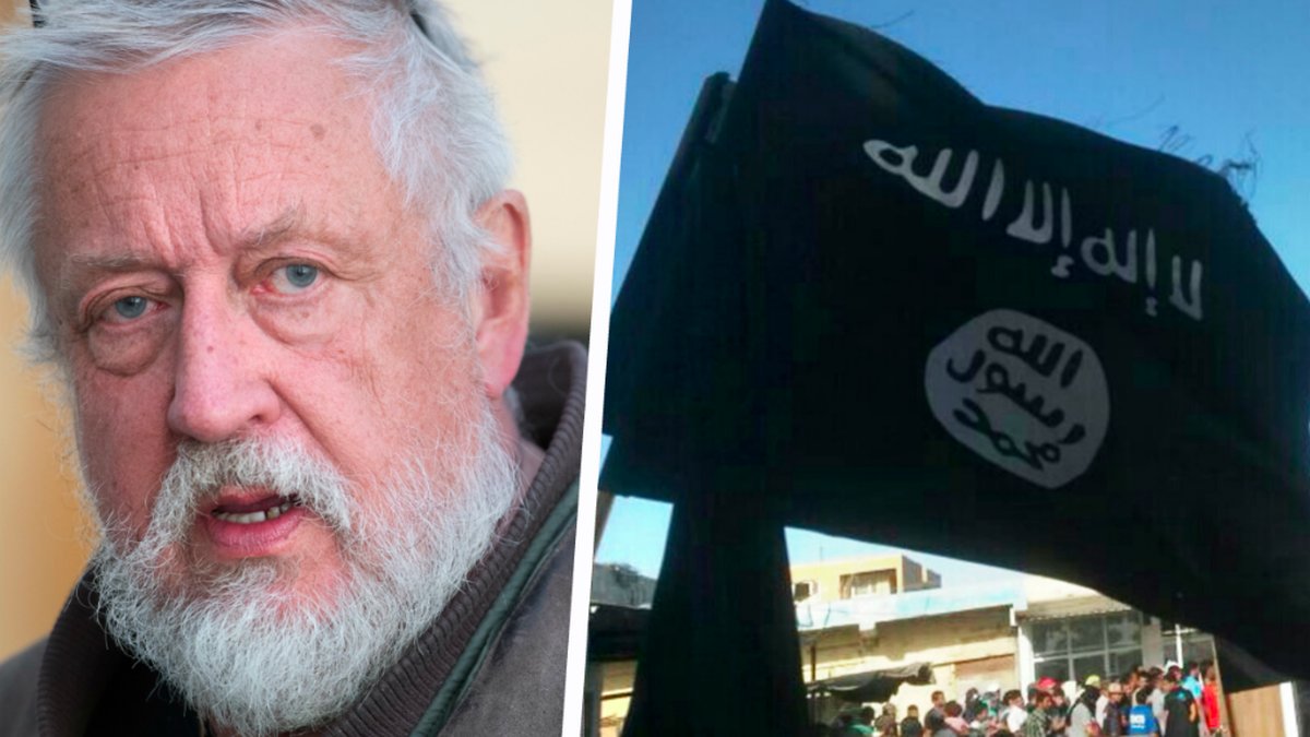 Leif GW Persson och en IS-flagga. Kollage. 