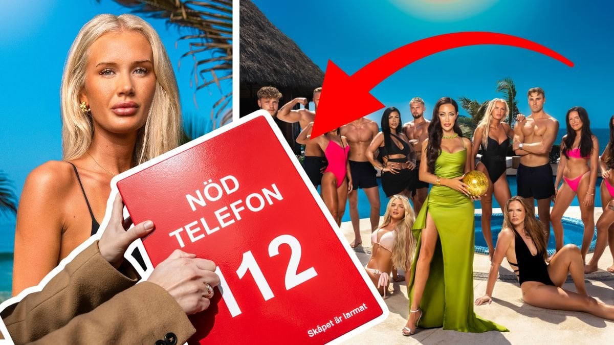 Ella Körner vänster. Startdeltagarna av Paradise Hotel höger. 112 telefonbox utklippt till vänster.