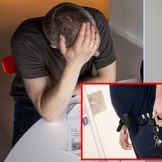 En man, handfängsel och en polis.