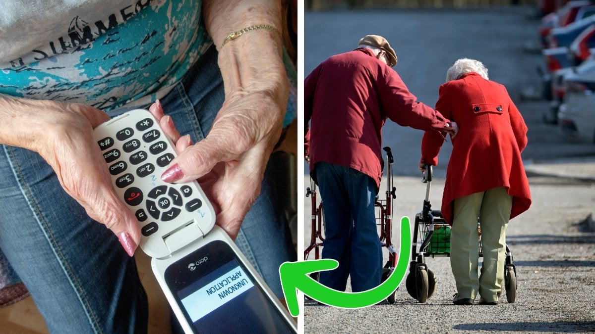 Äldre dam med en telefon och ett äldre par