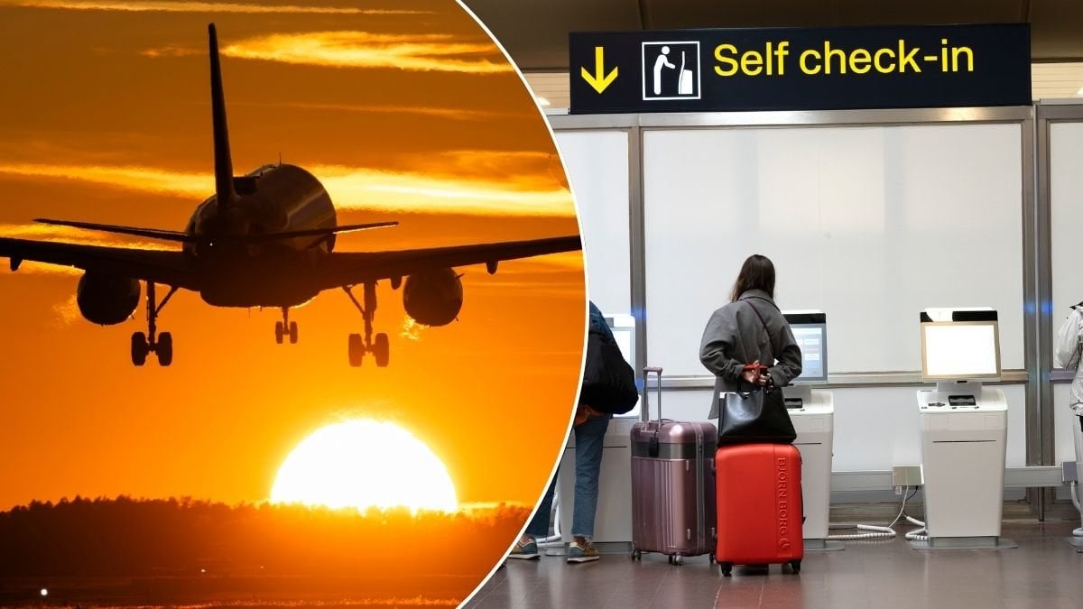 Bilder på ett flygplan som lyfter och människor som checkar in på Arlanda.