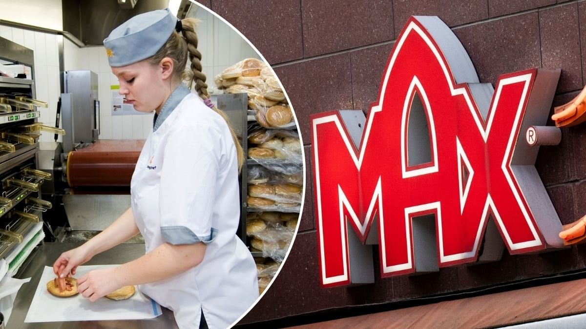 Bilder på en Max-skylt och en Max-anställd som lägger ihop en hamburgare.