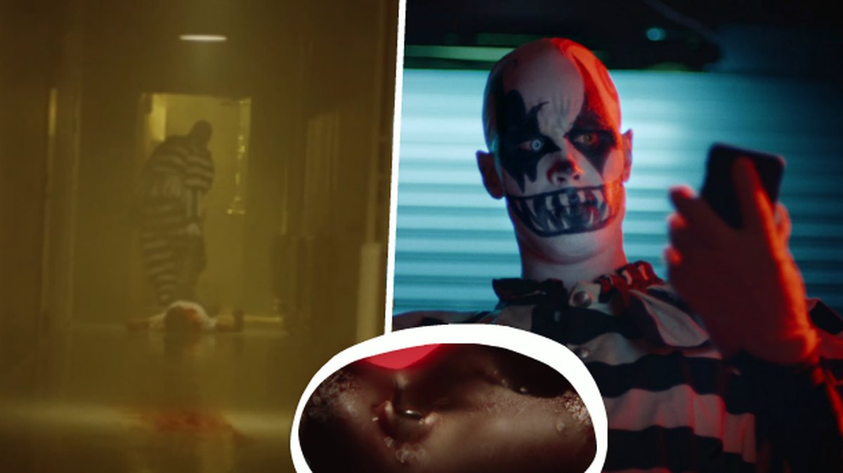 En clown och en kille som blir släpad. Ett ansikte som gråter
