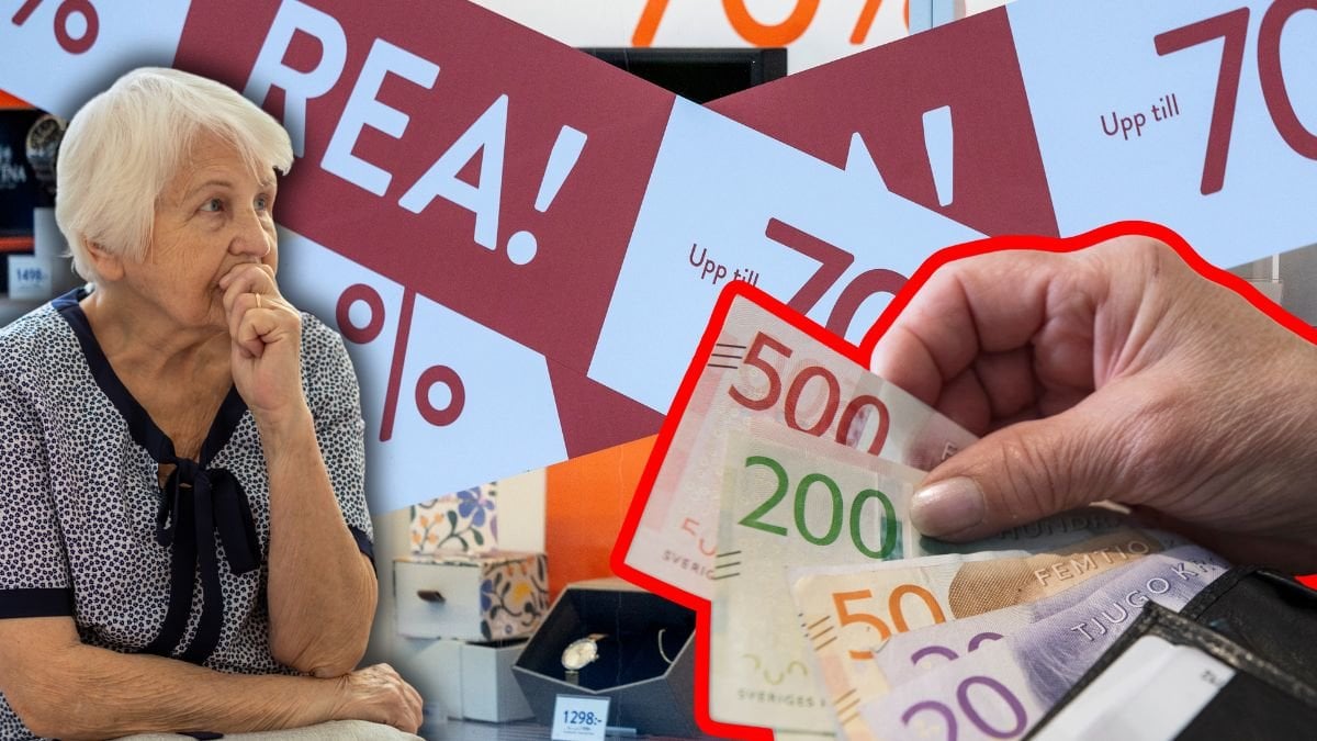 Fundersam kvinna, pengar och reaskylt.