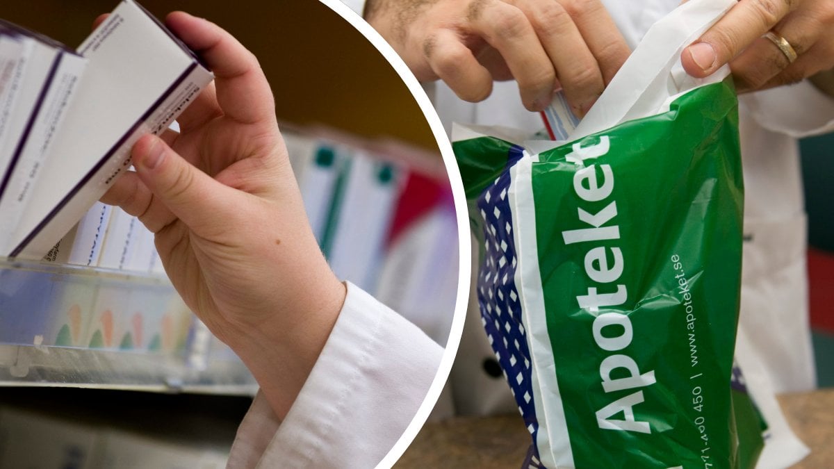 Hand tar ut en låda tabletter ur en hylla vänster. En apotekare lägger medicin i en apotek-påse höger.