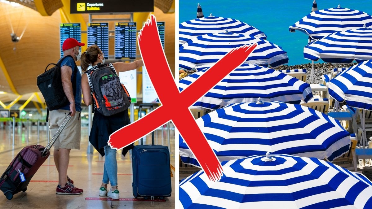 Bilden till vänster visar två resenärer på en flygplats. Bilden till höger visar parasoll på en strand. 