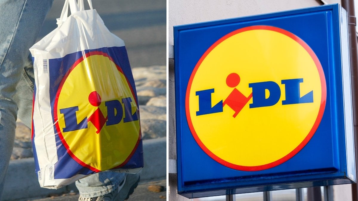 Bild på en Lidl-skylt och en Lidl-bärkasse.
