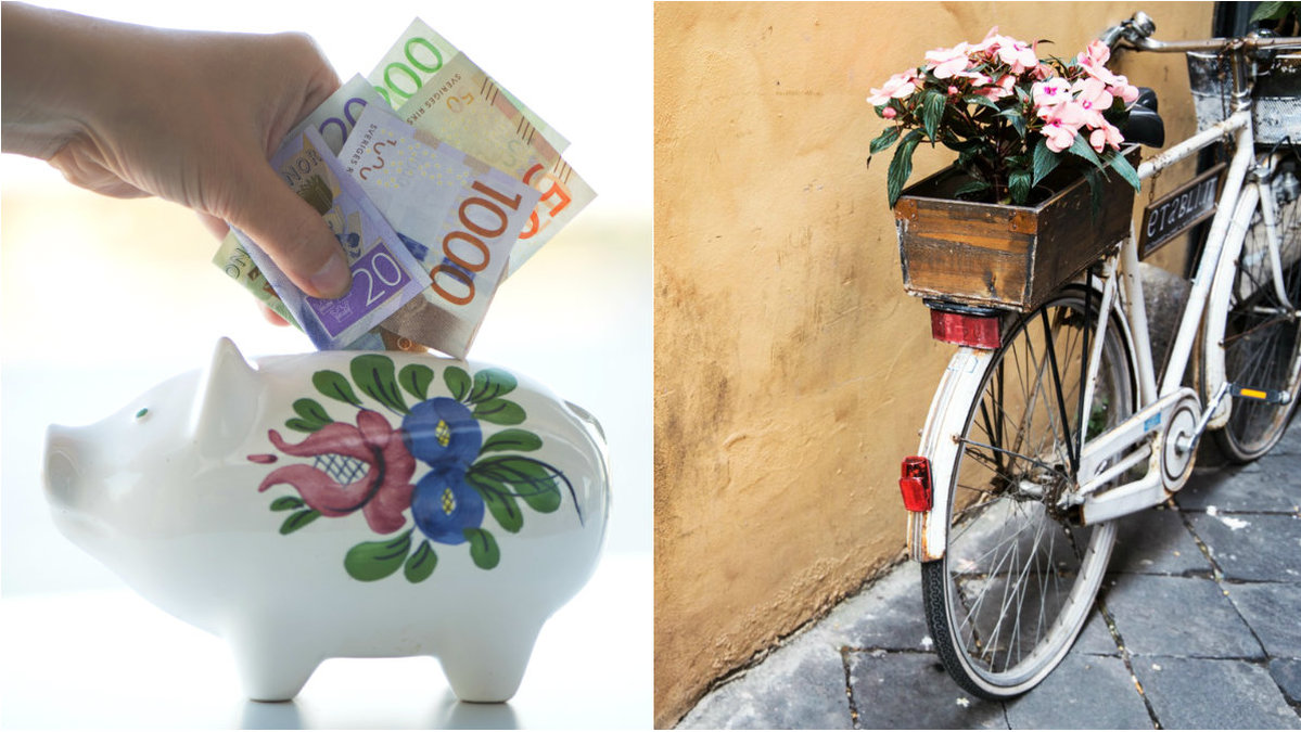 Spargris. Cykel på en gata.