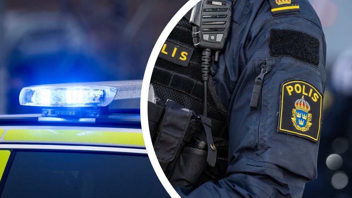 Blåljus polisbil vänster. En polis i uniform höger.