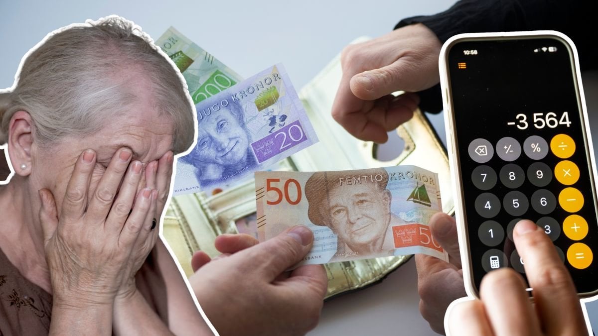 Ledsen kvinna, pengar och en miniräknare.