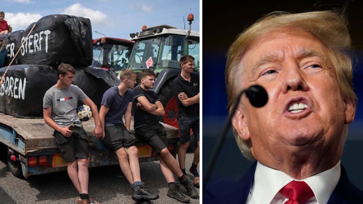 Demonstrerande bönder blockerar ett distributionscenter för snabbköpskedjan Aldi i staden Drachten i norra Nederländerna.