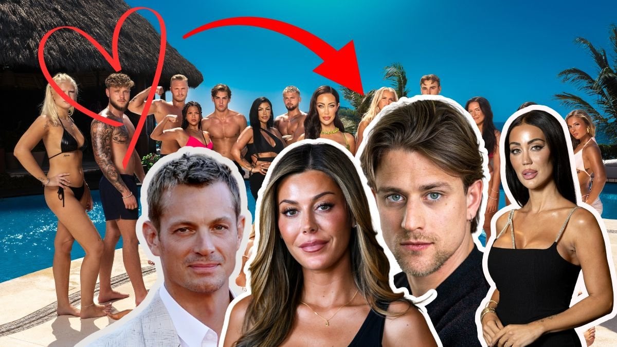 Paradise hotel, stratdeltagarna i bakgrunden. Utklippta bilder på Rebecca Stella, Christian Fandango, Bianca Ingrosso och Joel Kinnaman framför. Rött hjärta hägra hörnet, röd pil pekar på kändisarna från hjärtat.