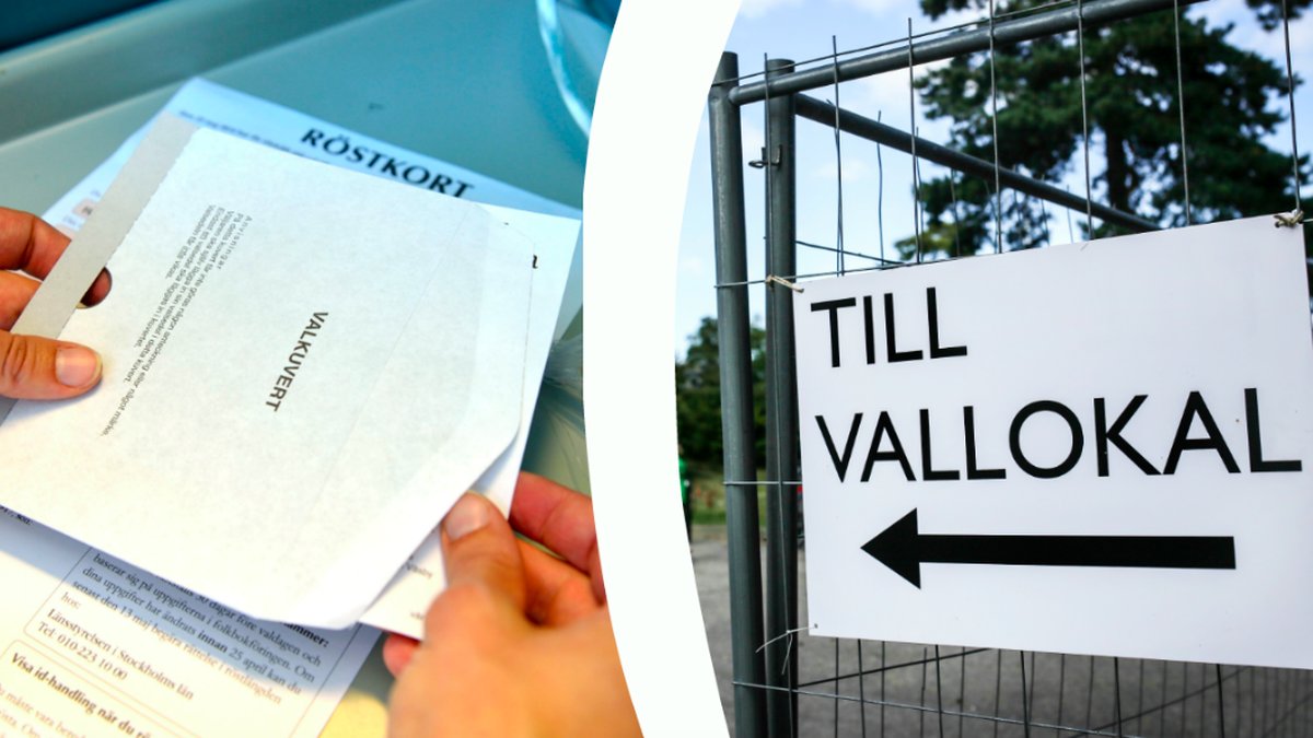 Ett valkuvert och en skylt som det står Vallokal på. Kollage. 