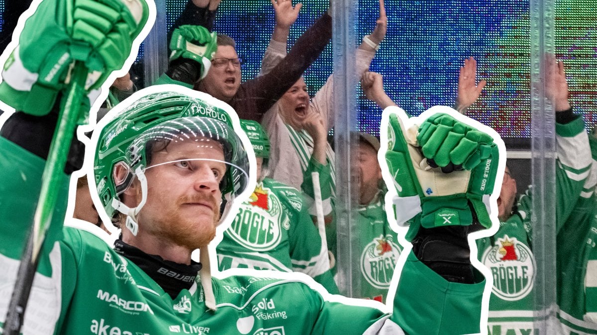 Rögle supportrar i bakgrunden. Rögle BKs lagkapten Anton Bengtsson utklippt till vänster.