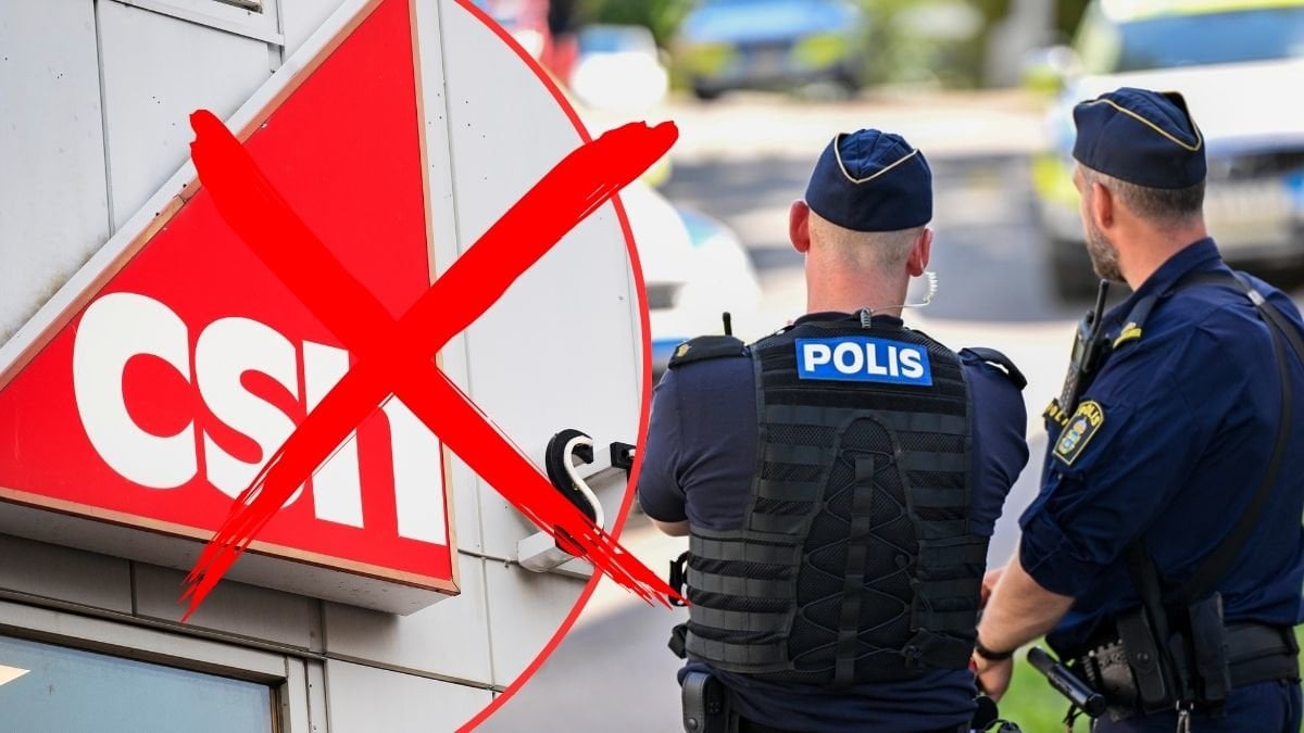 CSN-skylt och poliser.