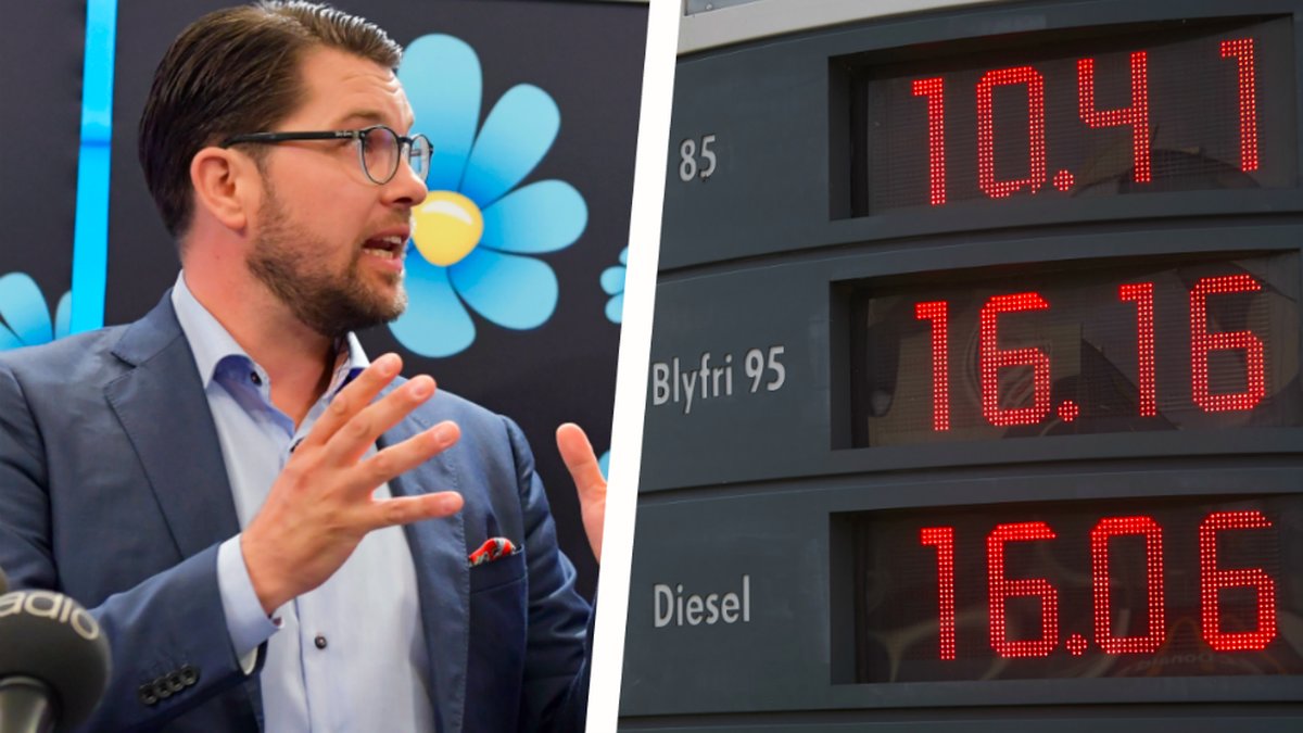 Jimmie Åkesson och en prisskylt från en bensinmack. Montage. 