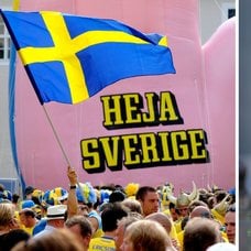 Heja Sverige på en fotbollsmatch och en öl i ett glas på en uteservering.