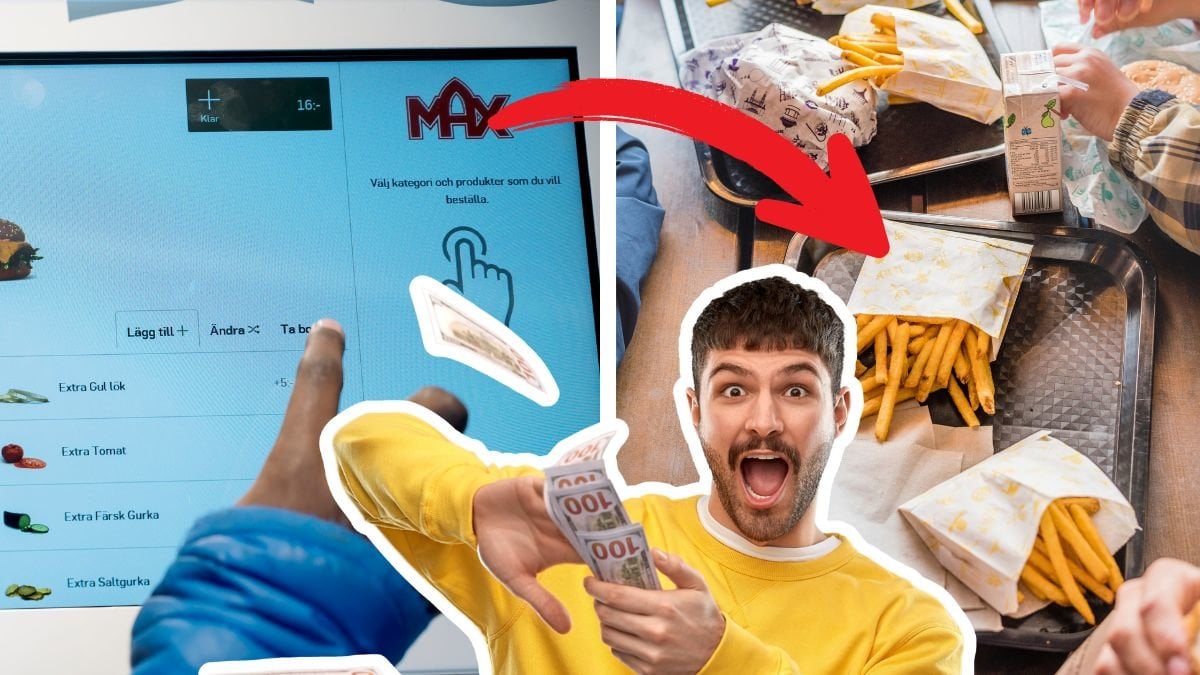 Pekskräm till väsnter. Pommes och burgare till höger. Utklippt bild på man som slänger penga-sedlar i luften i mitten.