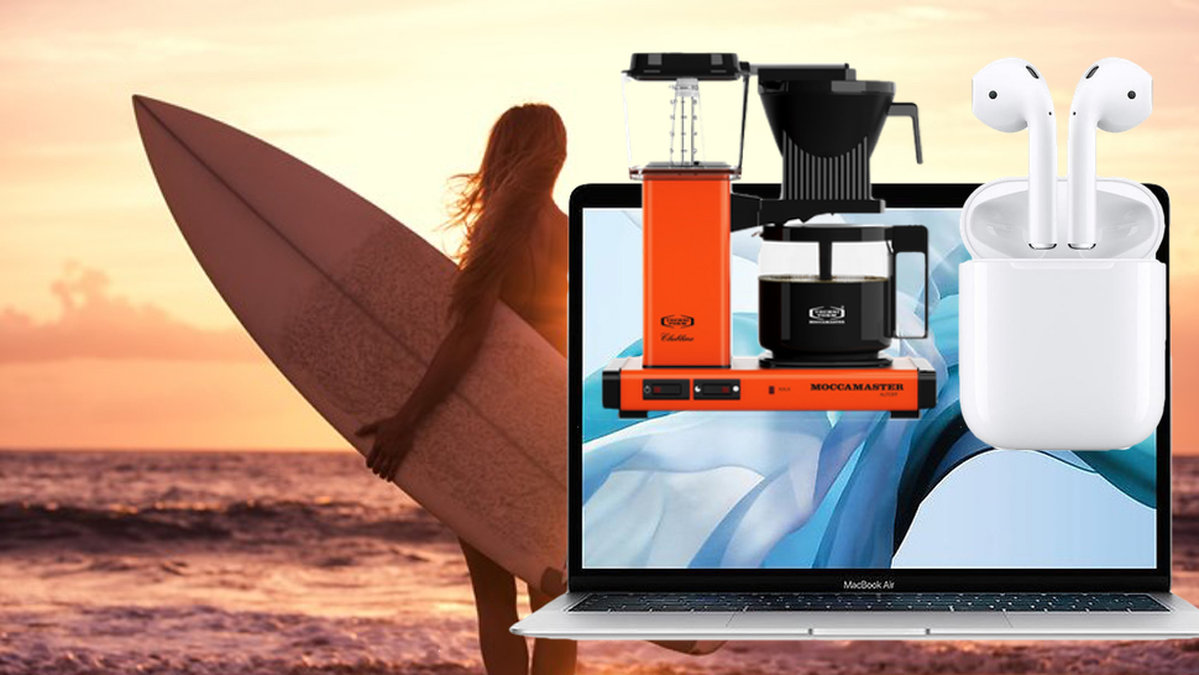 orange himmen och en orange moccamaster, En macbook Air och apple Airpods