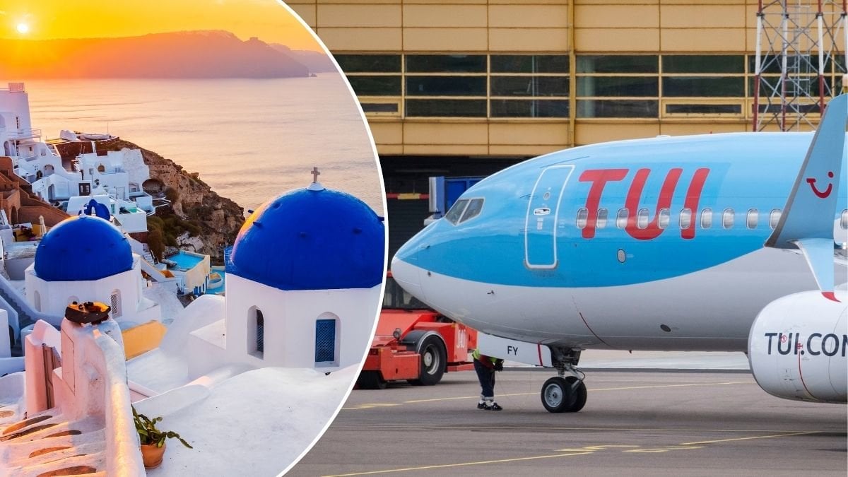 Bilder på Grekland och ett TUI-flygplan.