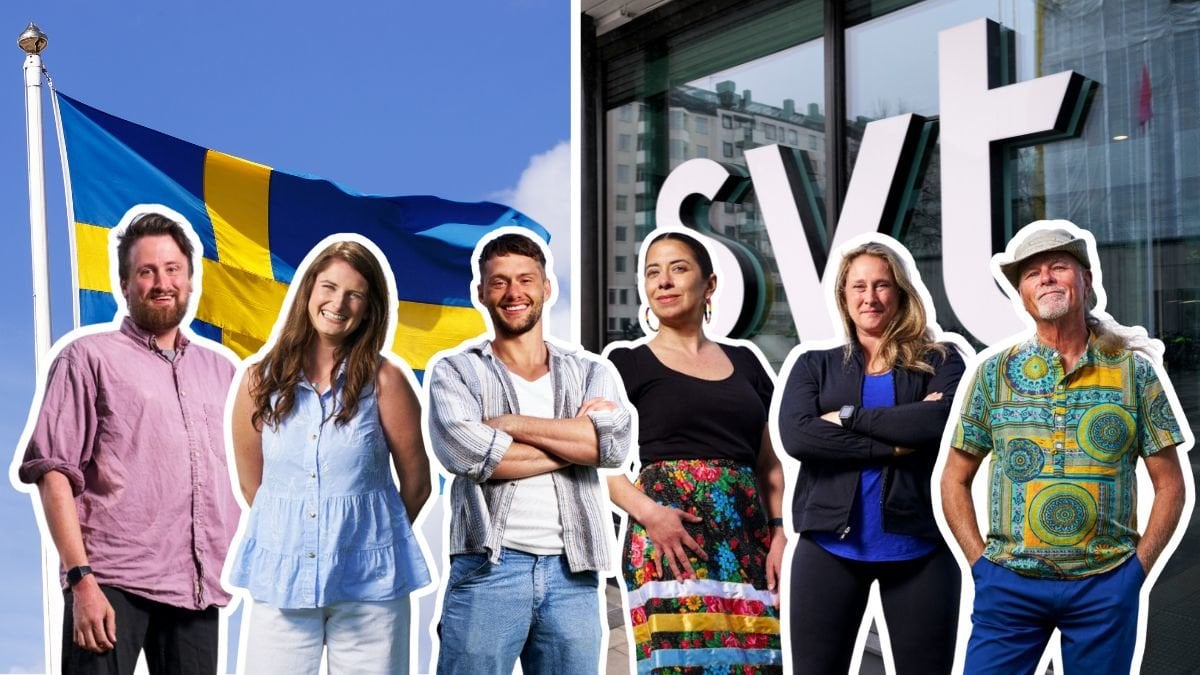 En svensk flagga, SVT:s logga på fasad och sex av deltagarna i Allt för Sverige 2025