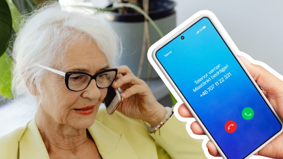 Kvinna i telefonsamtal och Telenors varning i mobilen