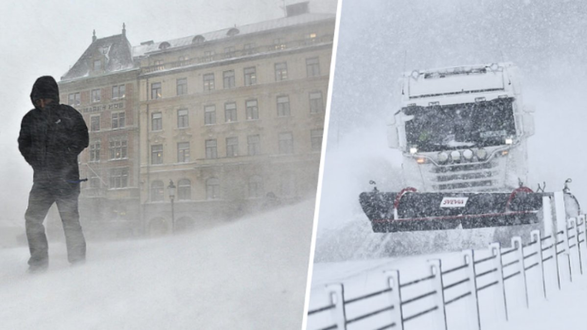 En man som går i oväder. Snöplog