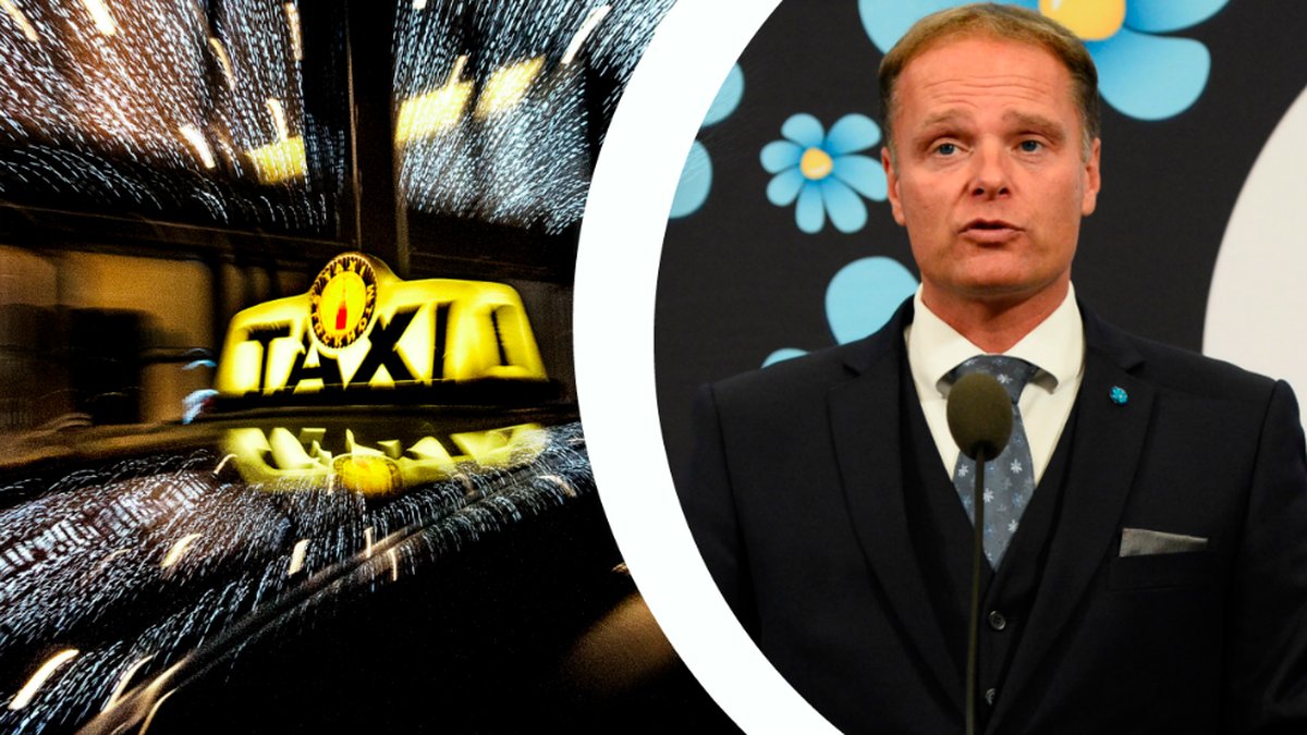 En taxiskylt – till höger Sverigedemokraternas Stefan Jakobsson. Montage. 