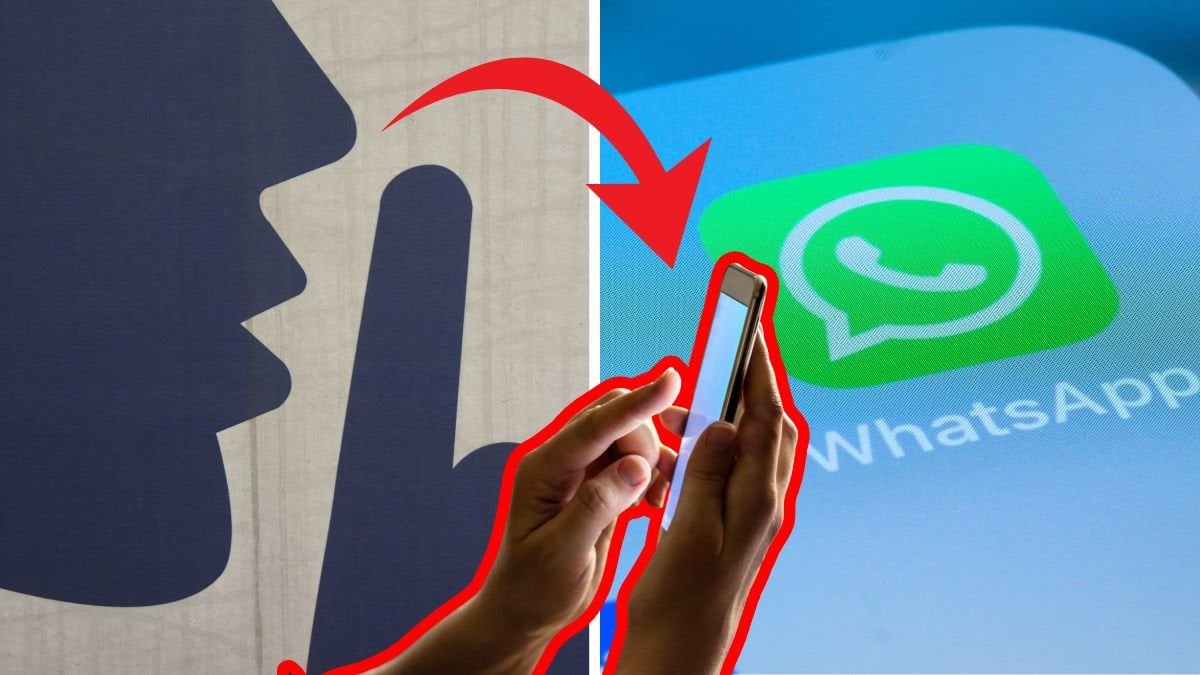 Siluett gör Scchh med pekfingret över läppen till vänster. Whatsapp ikonen till höger. Utklippt hand som håller mobil i handen i mitten. Röd pil pekar på handen med mobilen. 