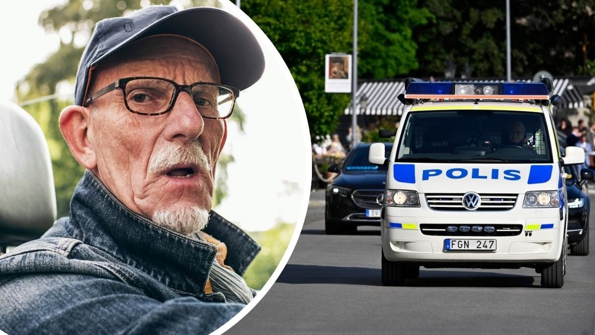 Äldre man i bil och en poliseskort