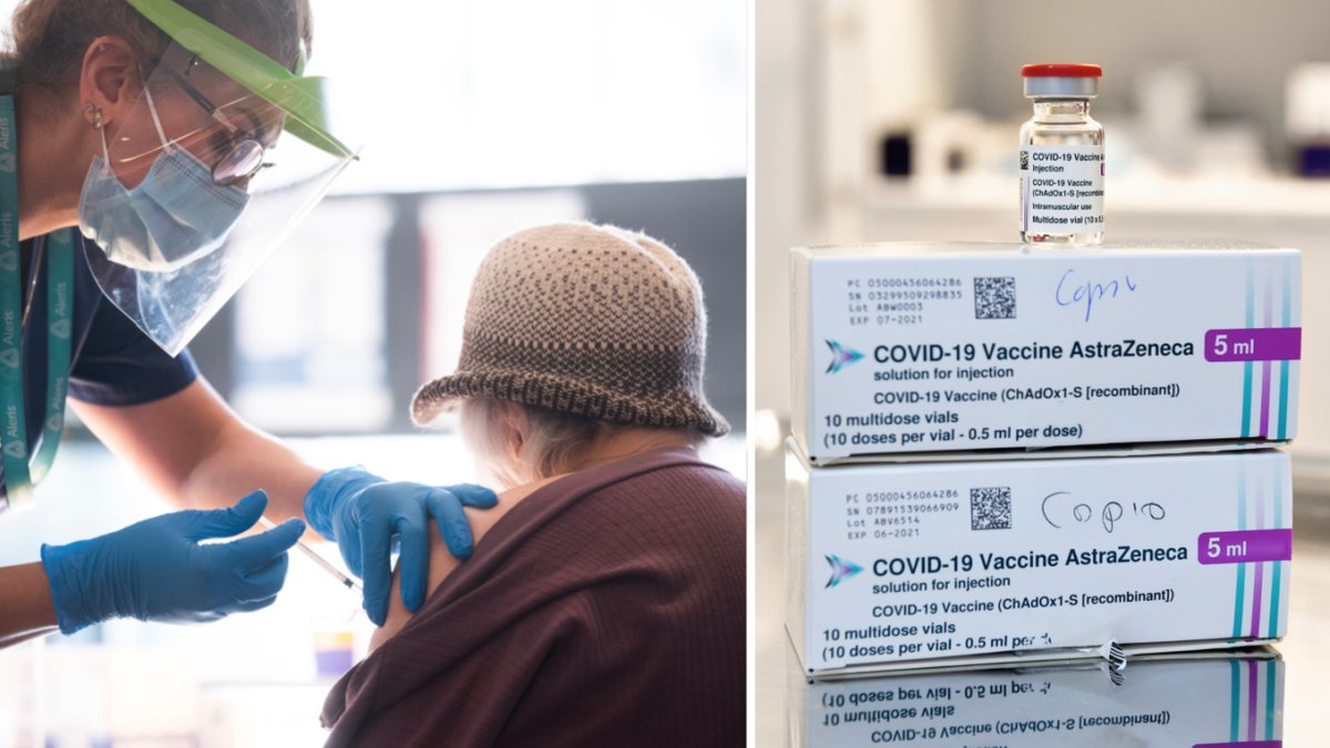 En äldre person vaccineras och Astra Zenecas vaccin.