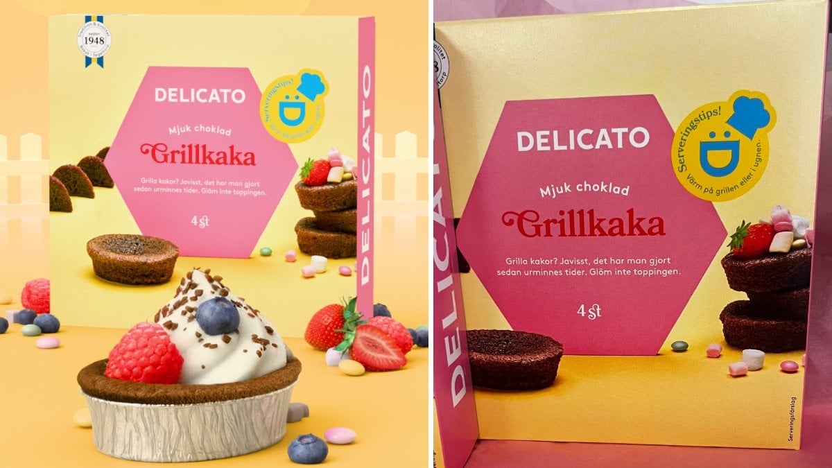 Två bilder på Delicatos nya grillkaka.