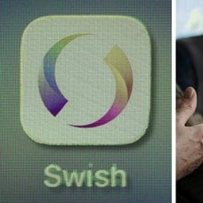 Swish och en kvinna som swishar sig på sin mobil.