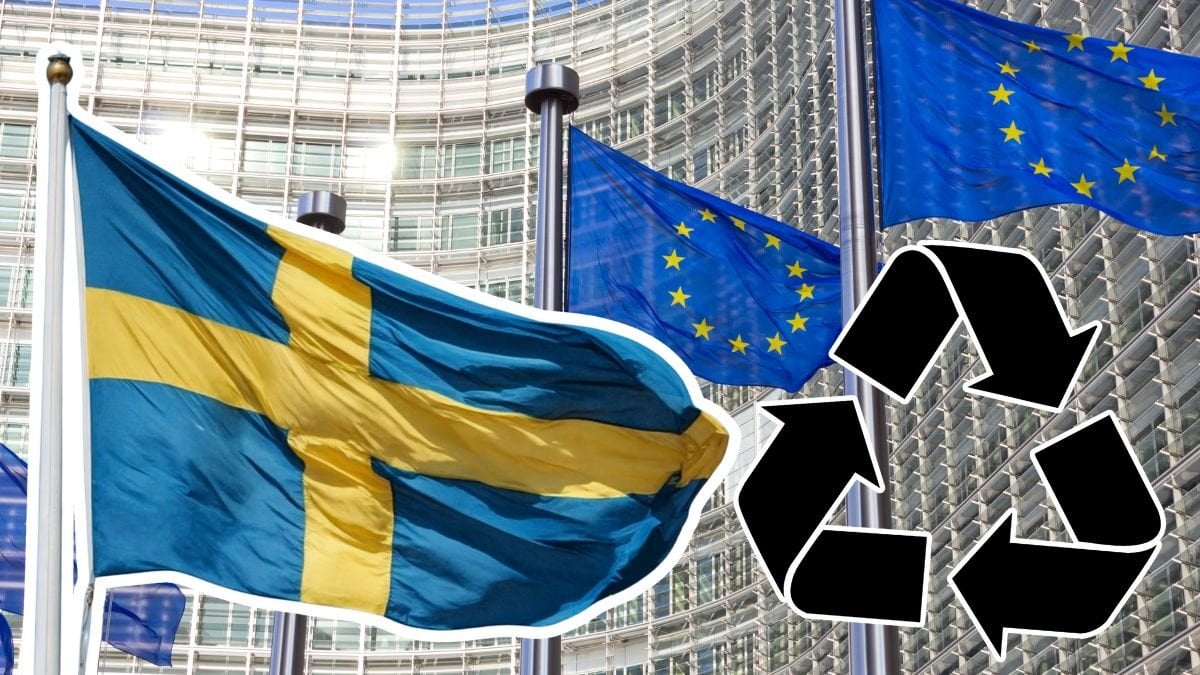 EU-flaggor, återvinningssymbol och en svensk flagga.