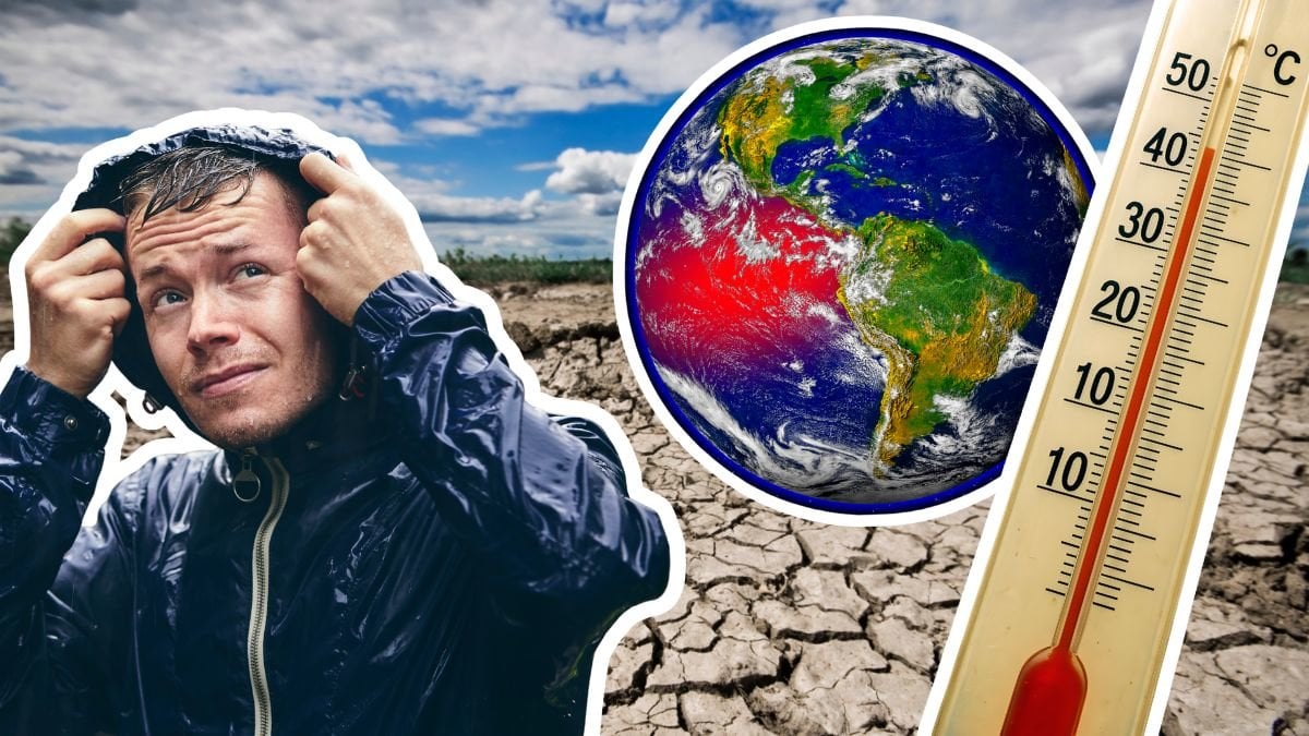 Man i regnjacka, torrt landskap, El Niño markerad på planet och termometer
