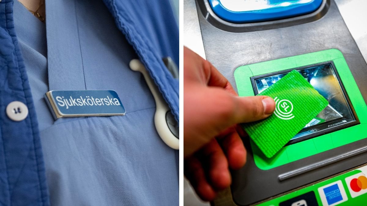 Till vänster syns en skylt där det står sjuksköterska. Till höger syns ett grönt SL-kort som blippas.