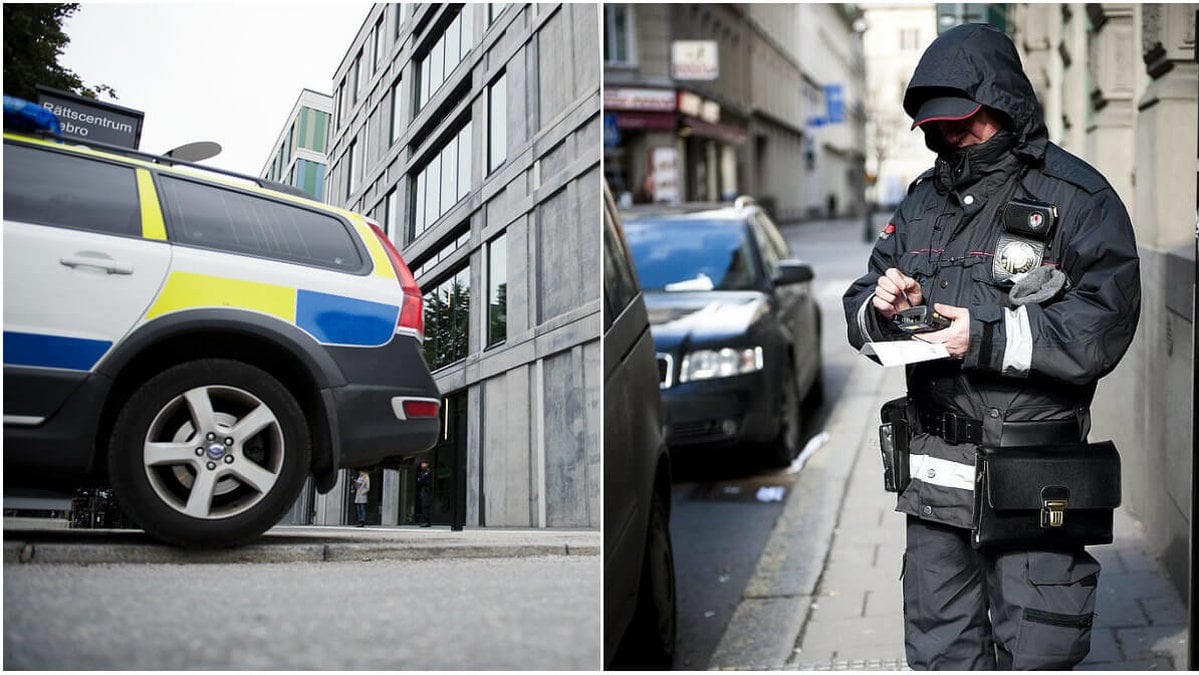 Bilden visar en polisbil och en parkeringsvakt