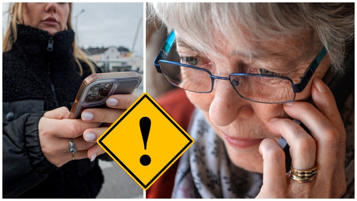 Kvinna med mobiltelefon i handen och en äldre kvinna som pratar i telefon