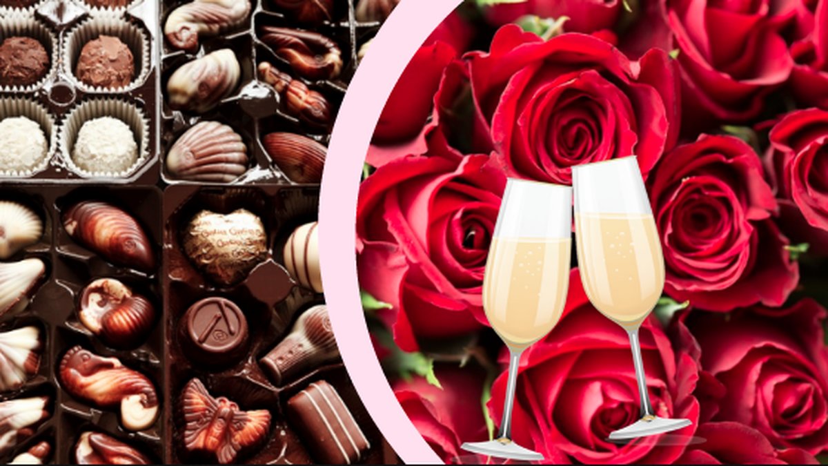 Chockladask, röda rosor, champagneglas