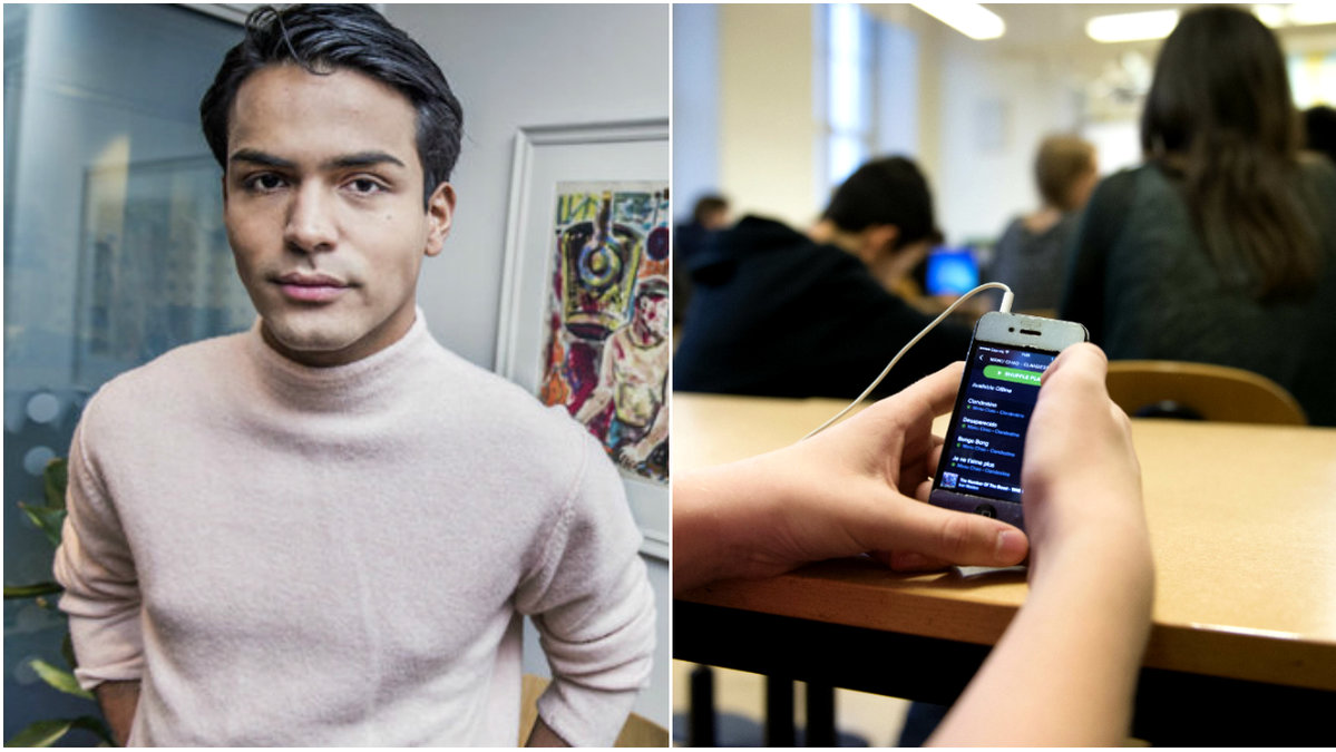 Elev använder smartphone i klassrummet
