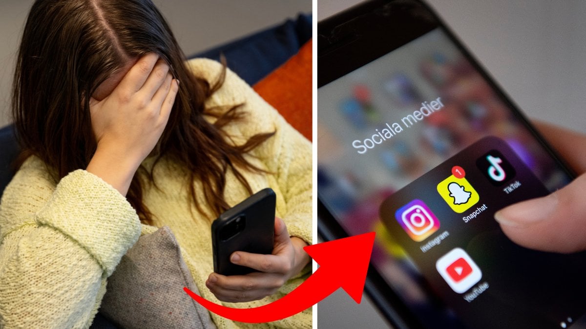 Ledsen tjej och mobil med social medier