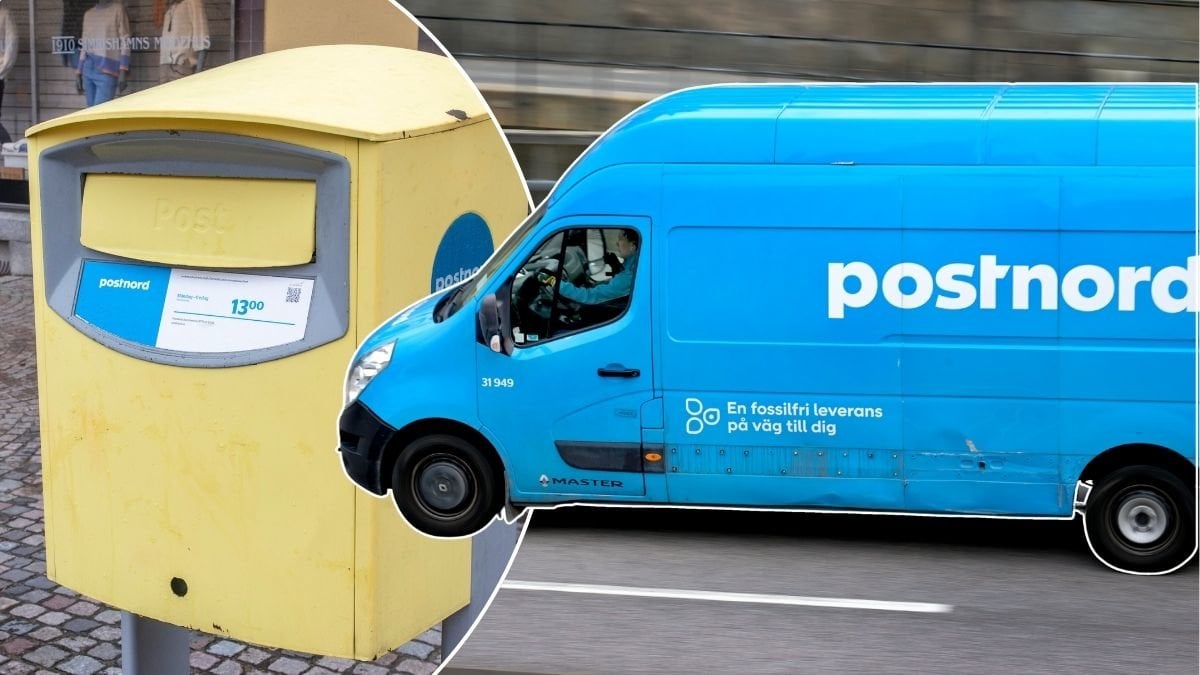 Bilder på en brevlåda och en av Postnords bilar.