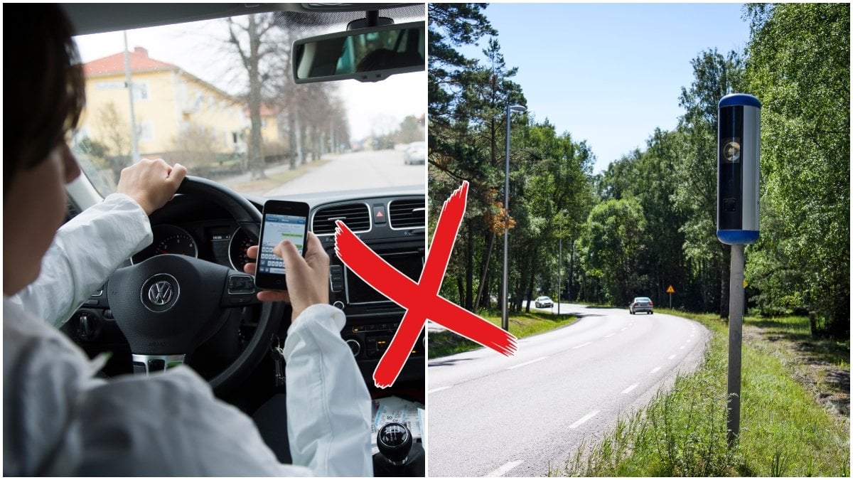 Mobiltelefon i bil och fartkamera i trafiken