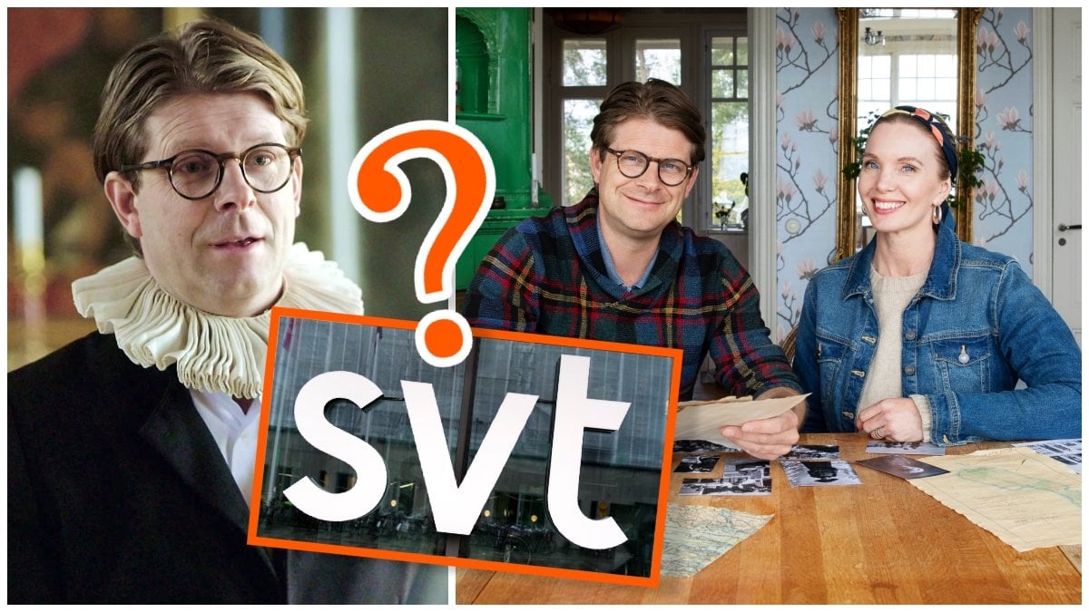 Rickard Thunér, SVT:s logga på en fasad och Rickard Thunér tillsammans med Erika Åberg