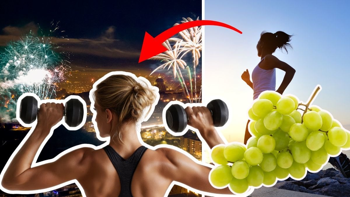 Raketer vänster. En kvinna som håller hantlar utklippt över bilden på raketer. En kvinna som springer till höger. Utklippta vindruvor till höger över bilden på springande kvinnan. 