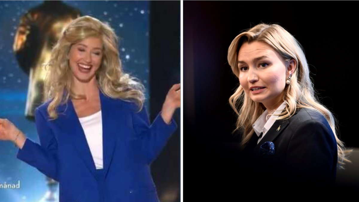 Under Barncancergalen skickade programledaren Carina Berg och komikern Louise Nordahl en känga till KD-ledaren Ebba Busch.