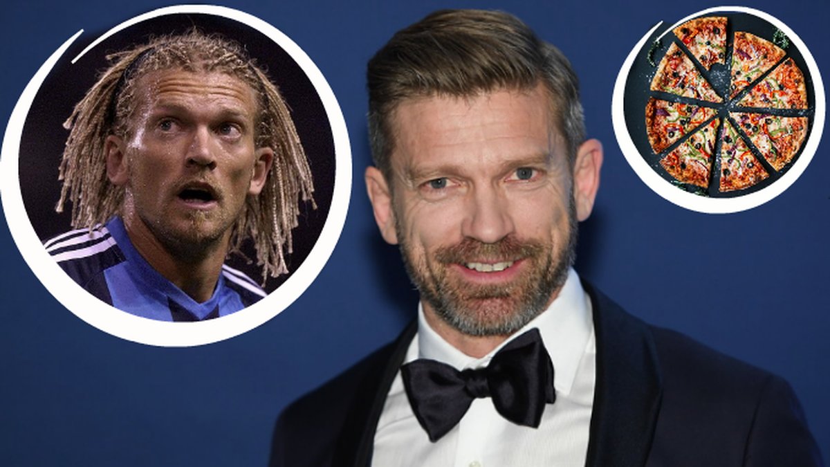 Jesper Blomqvist i flätor och i kostym med blå bakgrund och en pizza