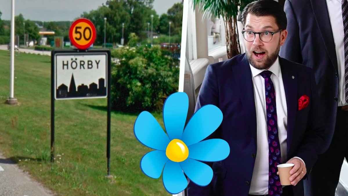 Vägskylt i Hörby. Till höger en glad Jimmie Åkesson. Montage